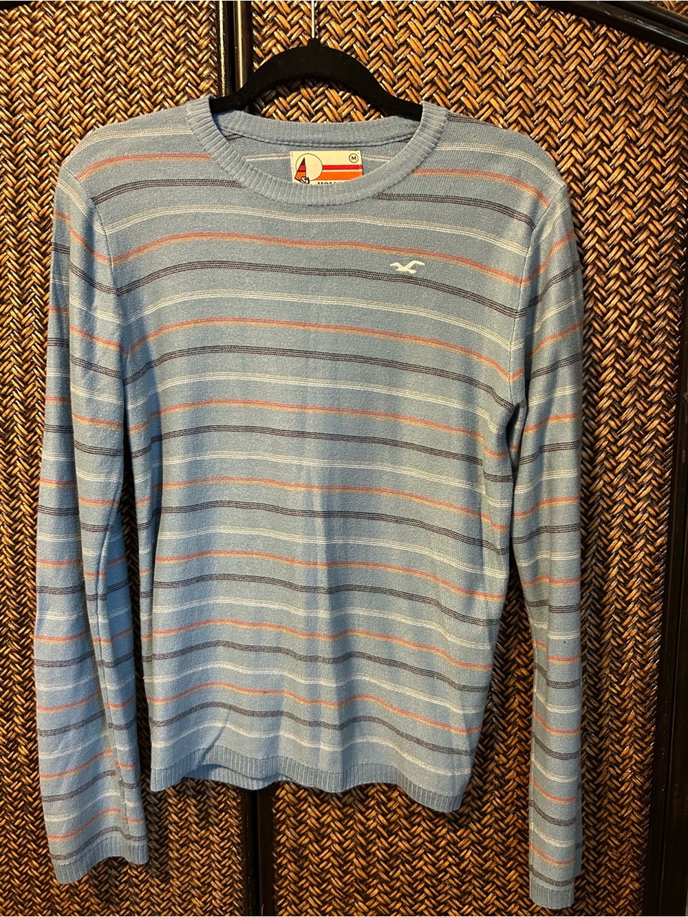 Hollister Men's Light Blue Striped Crewneck Sweater with Coral Accents